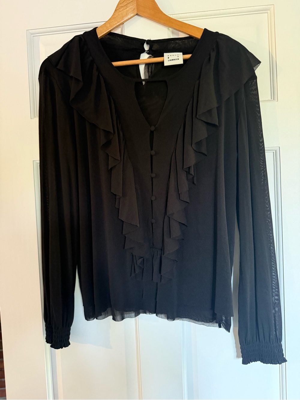 Karen by SIMONSEN Sheer Black Ruffle Front Women's Top - Size M
